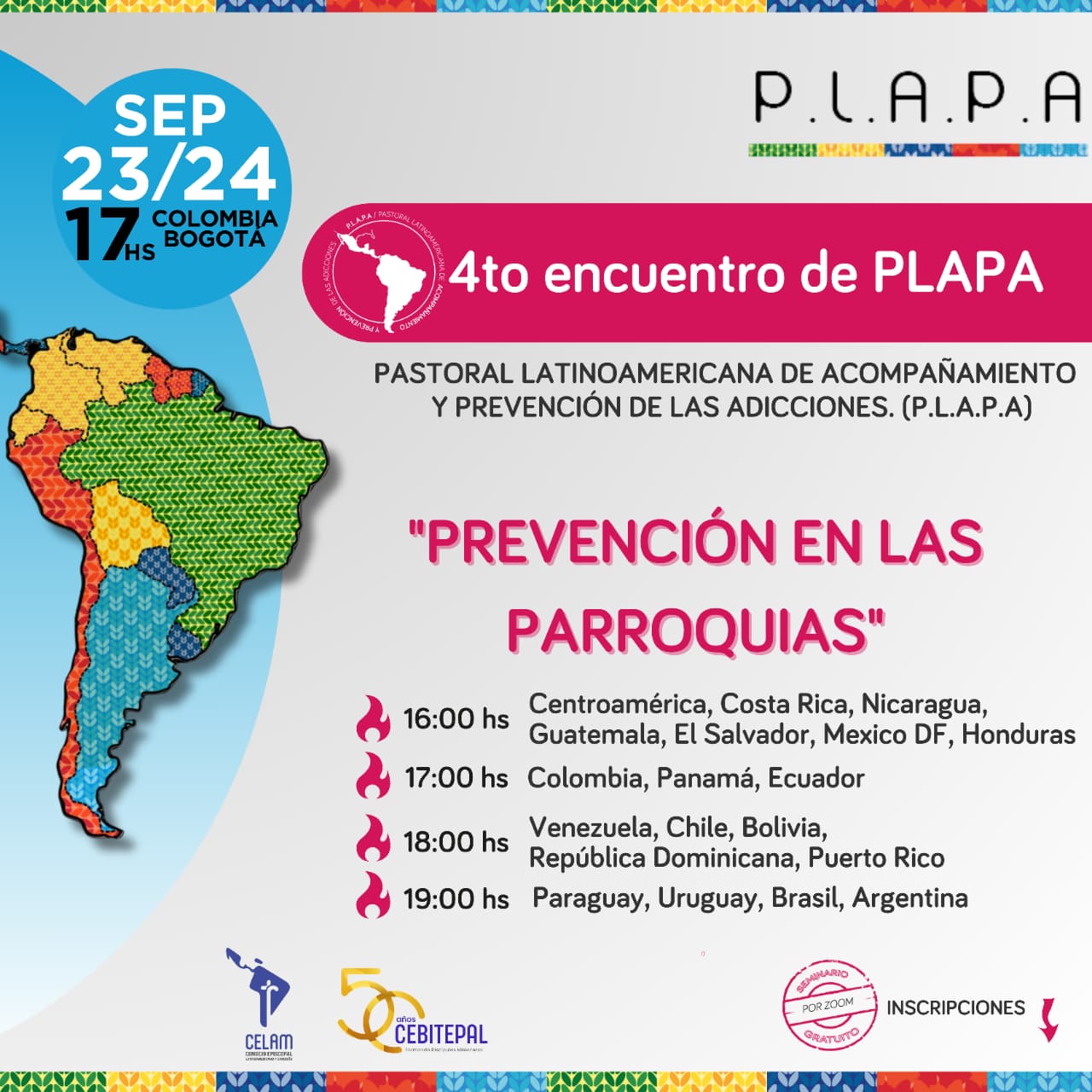 Afiche: 4° encuentro de PLAPA — Prevención en las parroquias. Sep 23/24, 17 hs Colombia.
